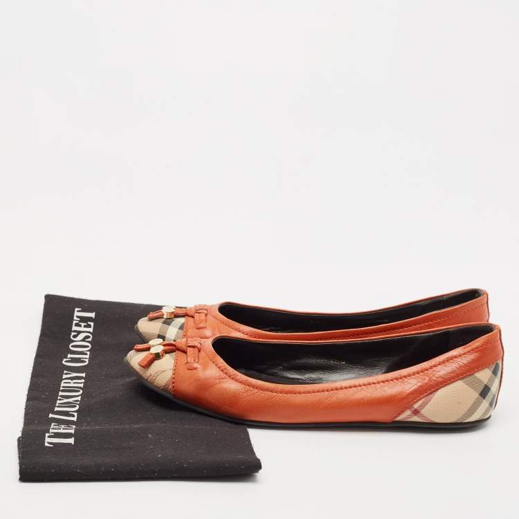 Pre Owned Burberry Dark Orange Leather And Coated Canvas Bow Toe Cap Ballet Flats Size 37.5