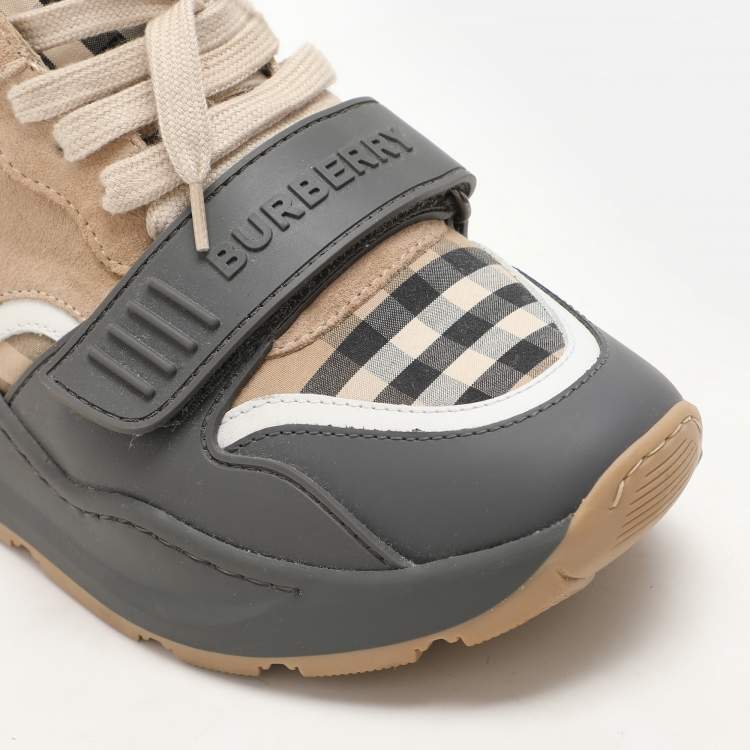 Pre Owned Burberry Grey/Beige Leather and Fabric Ramsey Sneakers Size 37.5