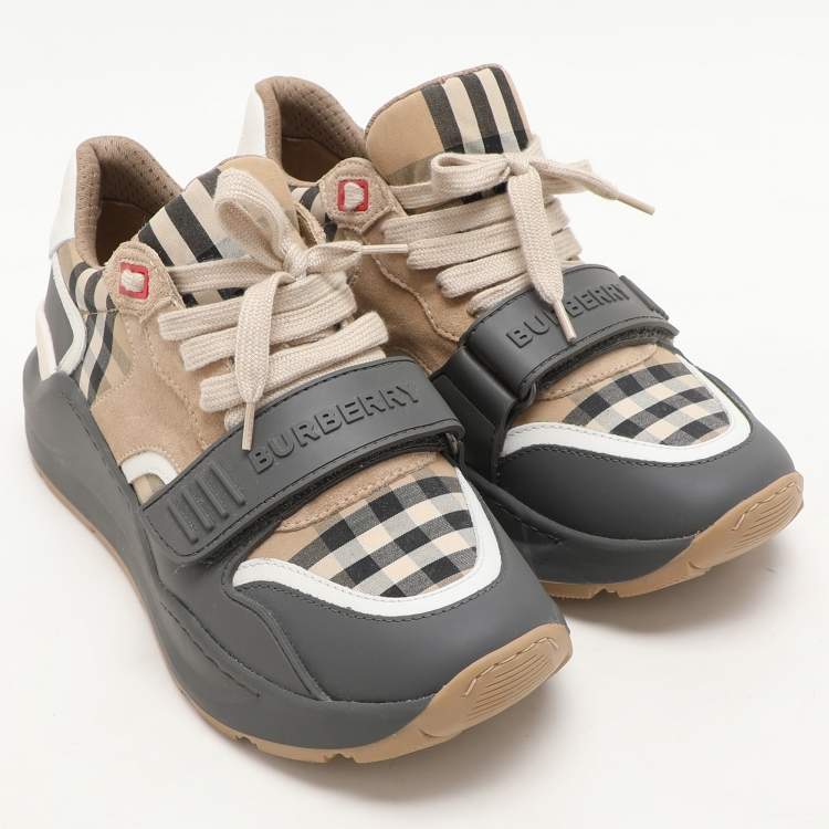 Pre Owned Burberry Grey/Beige Leather and Fabric Ramsey Sneakers Size 37.5