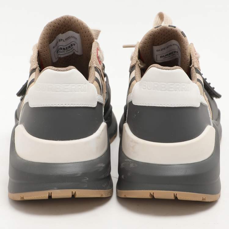 Pre Owned Burberry Grey/Beige Leather and Fabric Ramsey Sneakers Size 37.5