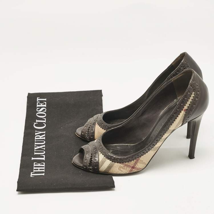 Pre Owned Burberry Beige/Brown Check Canvas and Brogue Leather Peep Toe Pumps Size 38