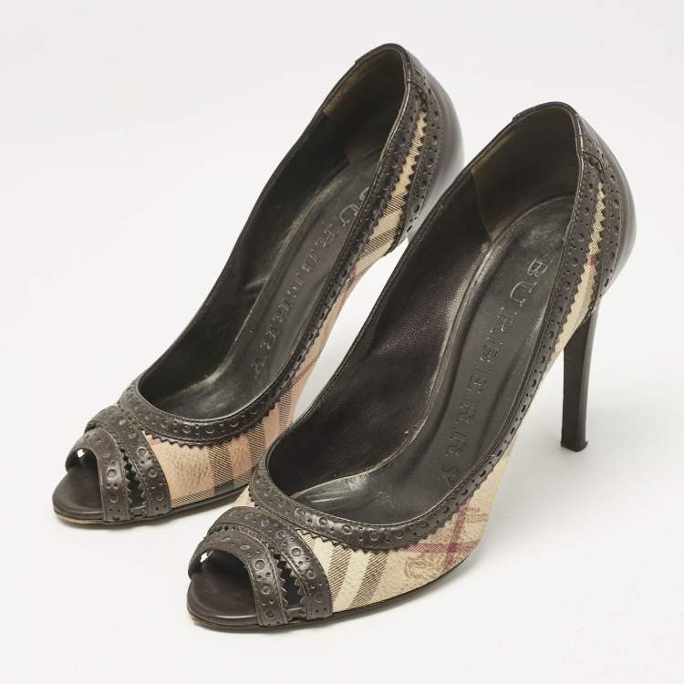 Pre Owned Burberry Beige/Brown Check Canvas and Brogue Leather Peep Toe Pumps Size 38