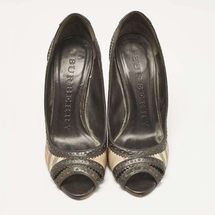 Pre Owned Burberry Beige/Brown Check Canvas and Brogue Leather Peep Toe Pumps Size 38