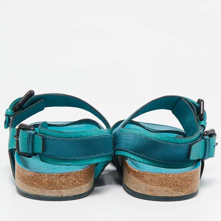 Pre Owned Burberry Prorsum Turquoise Leather and Satin Field Sandals Size 39.5