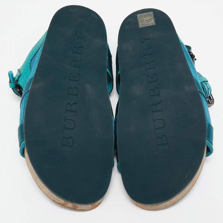 Pre Owned Burberry Prorsum Turquoise Leather and Satin Field Sandals Size 39.5