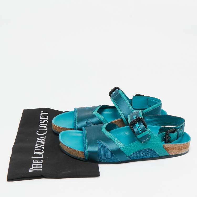 Pre Owned Burberry Prorsum Turquoise Leather and Satin Field Sandals Size 39.5