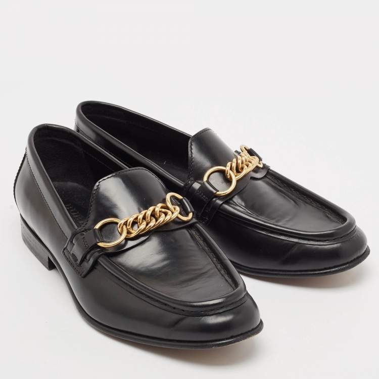 Pre Owned Burberry Black Leather Solway Chain Detail Slip On Loafers Size 36