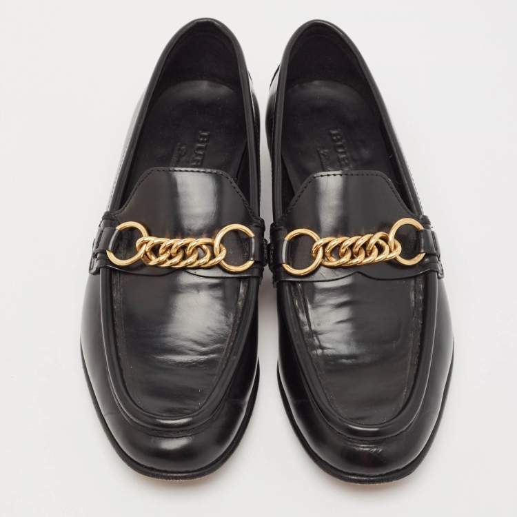 Pre Owned Burberry Black Leather Solway Chain Detail Slip On Loafers Size 36