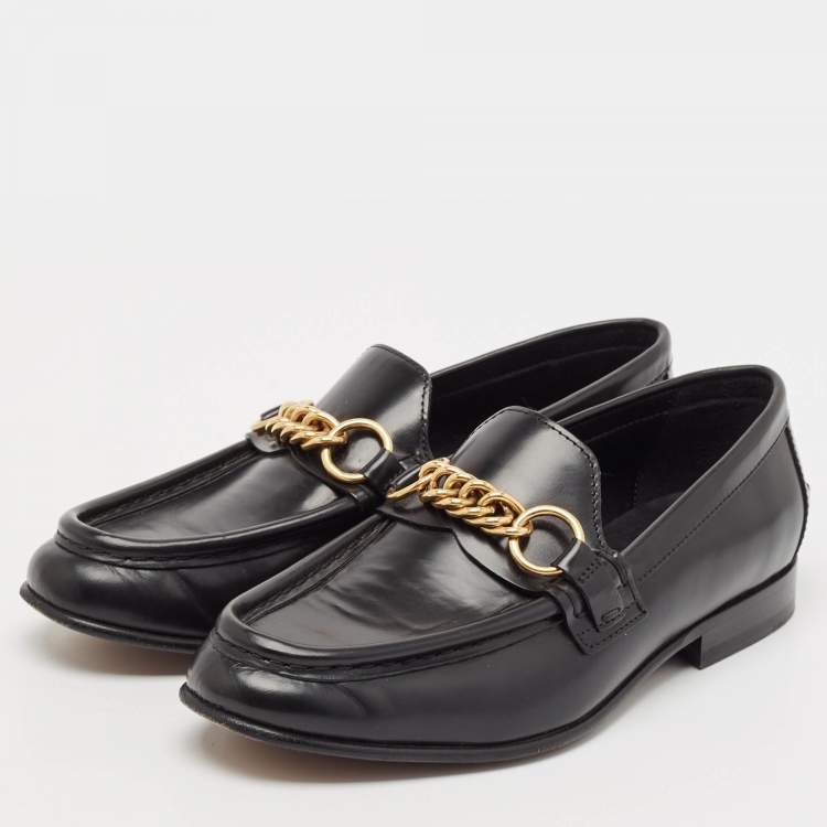 Pre Owned Burberry Black Leather Solway Chain Detail Slip On Loafers Size 36