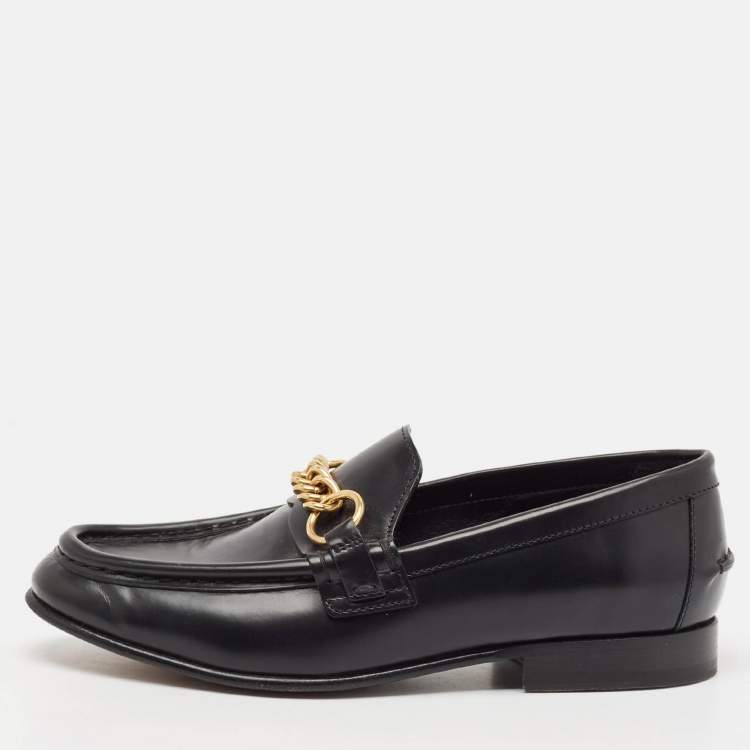 Pre Owned Burberry Black Leather Solway Chain Detail Slip On Loafers Size 36
