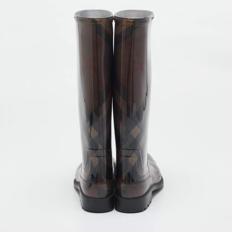 Pre Owned Burberry Brown Nova Check Rubber Rain Boots Size 40