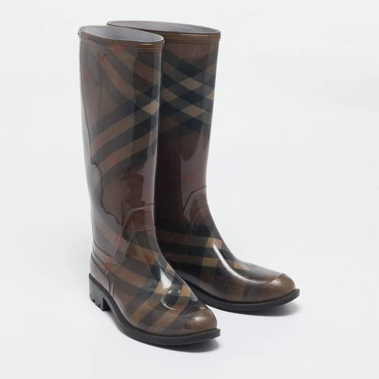 Pre Owned Burberry Brown Nova Check Rubber Rain Boots Size 40