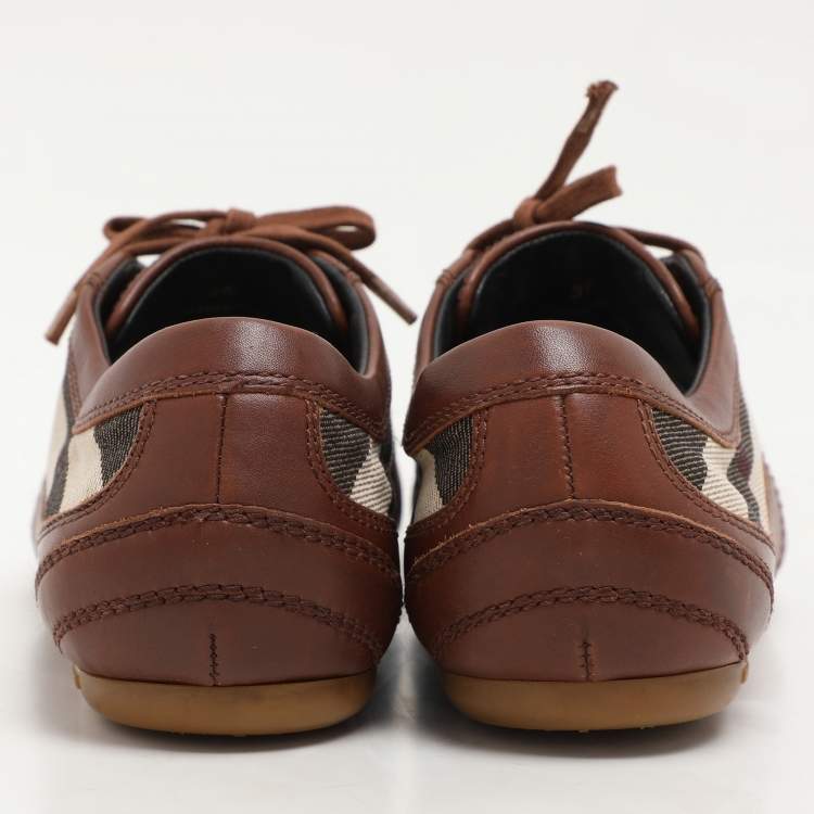 Pre Owned Burberry Brown/Beige Leather and Nova Check Canvas Low Top Sneakers Size 36
