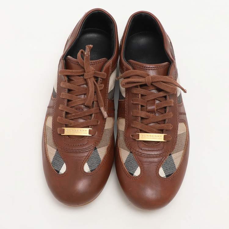 Pre Owned Burberry Brown/Beige Leather and Nova Check Canvas Low Top Sneakers Size 36