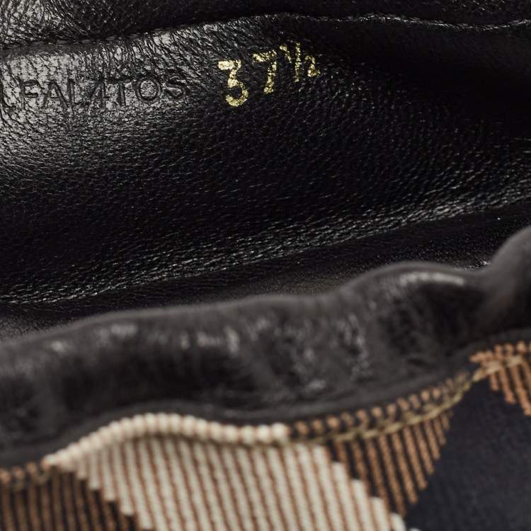Pre Owned Burberry Black/Beige House Check Canvas and Leather Scrunch Buckle Ballet Flats Size 37.5