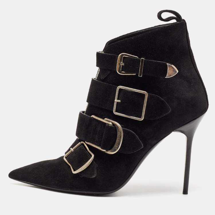 Pre Owned Burberry Black Suede Milner Buckle Detail Pointed Toe Ankle Boots Size 40