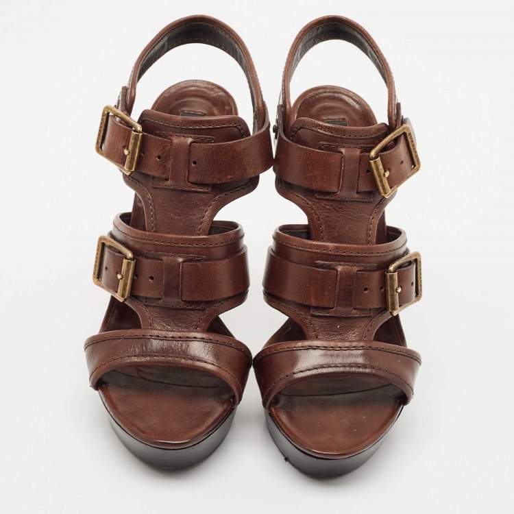 Pre Owned Burberry Brown Leather Aviator Beatty Platform Sandals Size 40