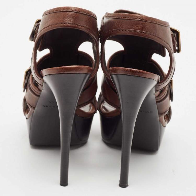 Pre Owned Burberry Brown Leather Aviator Beatty Platform Sandals Size 40