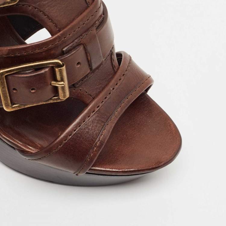 Pre Owned Burberry Brown Leather Aviator Beatty Platform Sandals Size 40