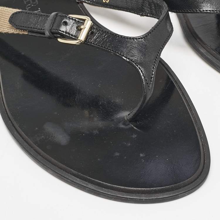 Pre Owned Burberry Black/Beige Leather and Canvas Masie Belted Check Thong Flats Size 39