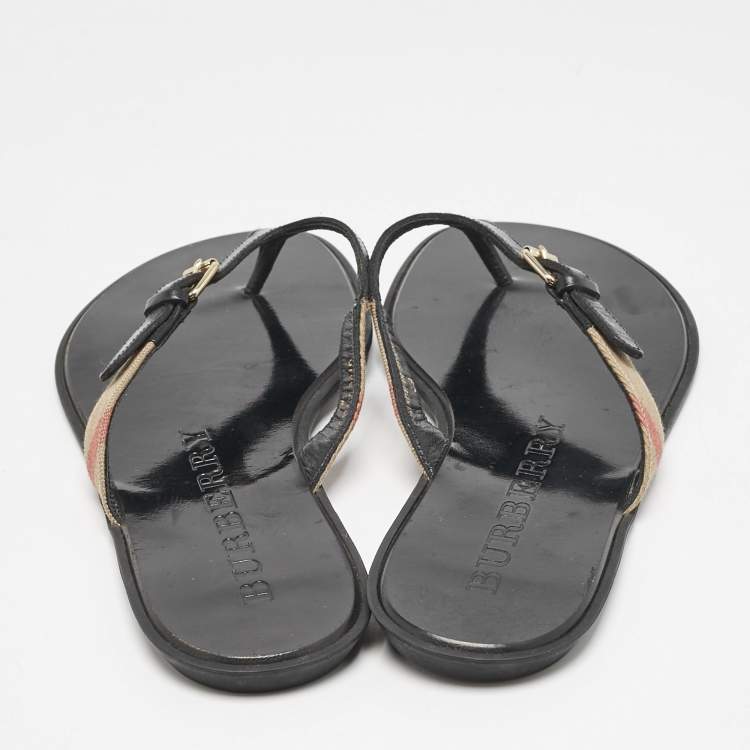 Pre Owned Burberry Black/Beige Leather and Canvas Masie Belted Check Thong Flats Size 39