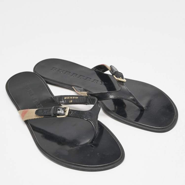 Pre Owned Burberry Black/Beige Leather and Canvas Masie Belted Check Thong Flats Size 39