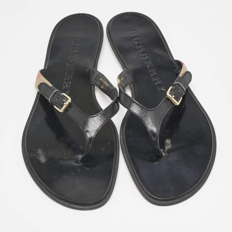 Pre Owned Burberry Black/Beige Leather and Canvas Masie Belted Check Thong Flats Size 39