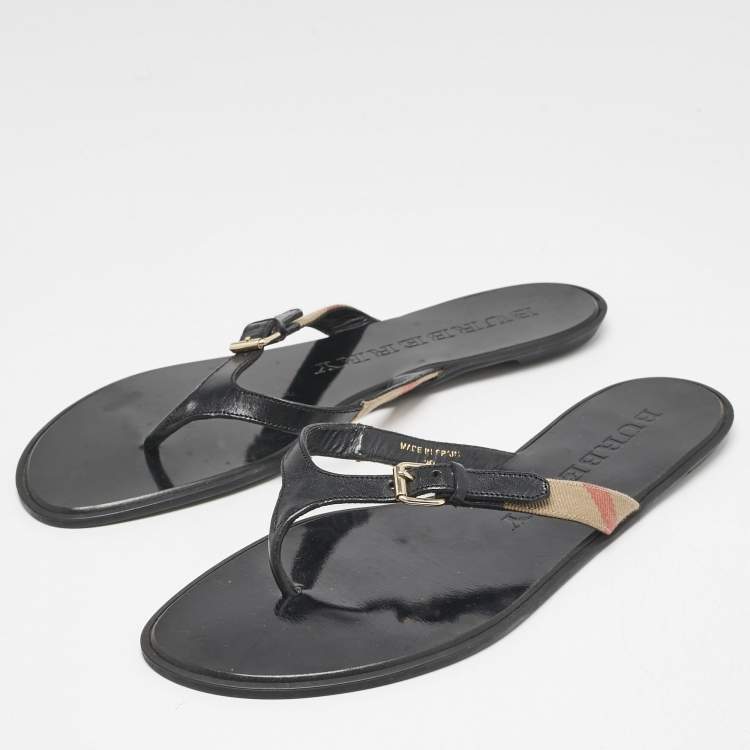 Pre Owned Burberry Black/Beige Leather and Canvas Masie Belted Check Thong Flats Size 39