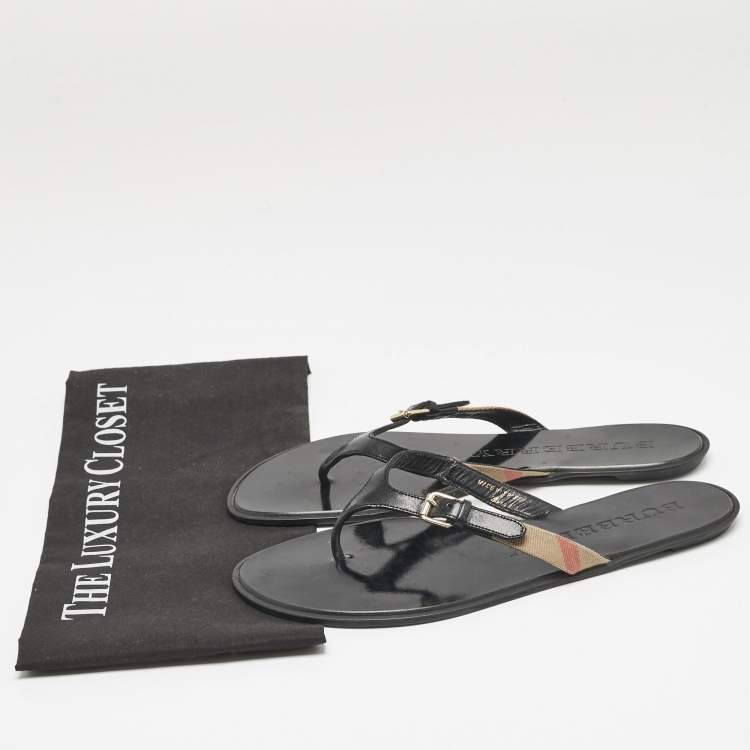 Pre Owned Burberry Black/Beige Leather and Canvas Masie Belted Check Thong Flats Size 39