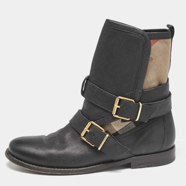 Pre Owned Burberry Black/Beige Check Canvas and Leather Ankle Length Boots Size 39