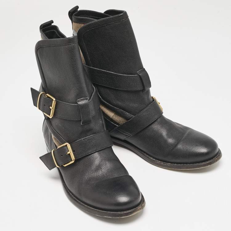Pre Owned Burberry Black/Beige Check Canvas and Leather Ankle Length Boots Size 39