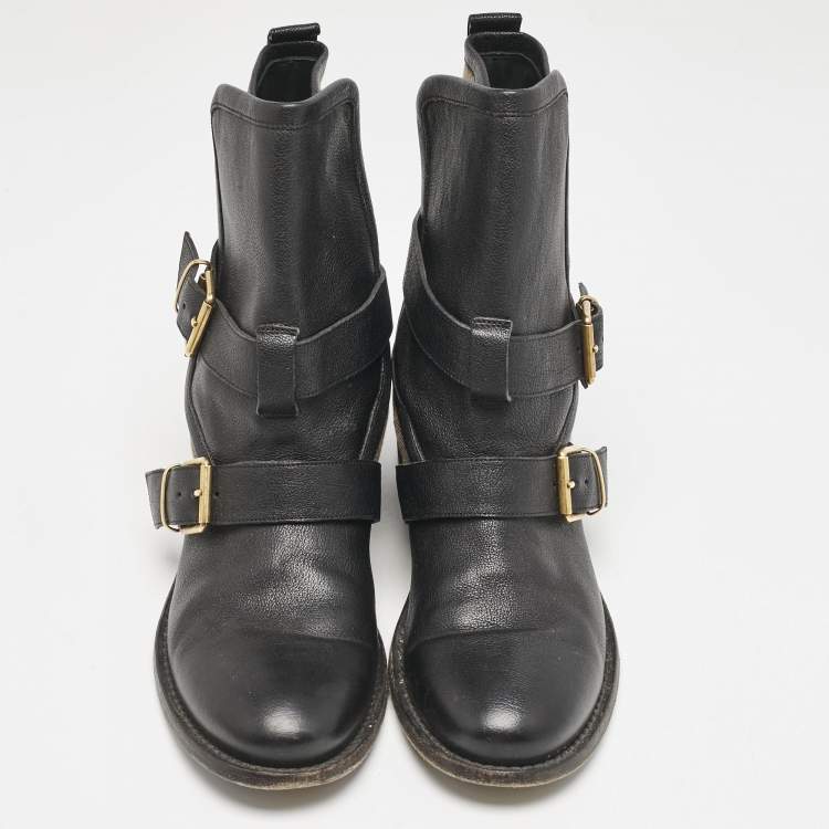 Pre Owned Burberry Black/Beige Check Canvas and Leather Ankle Length Boots Size 39