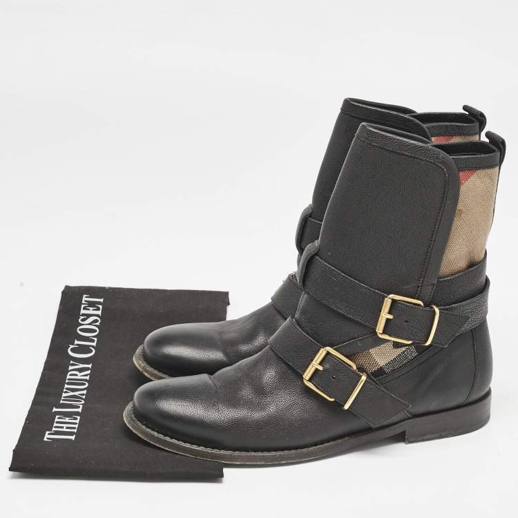 Pre Owned Burberry Black/Beige Check Canvas and Leather Ankle Length Boots Size 39