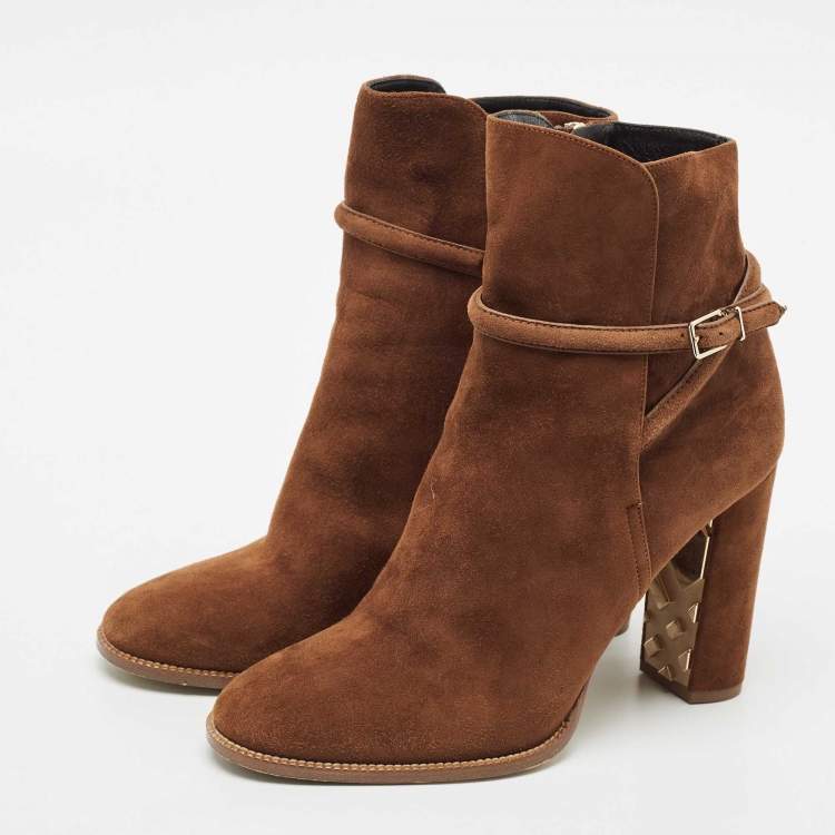 Pre Owned Burberry Brown Suede Block Heel Ankle Length Boots Size 39