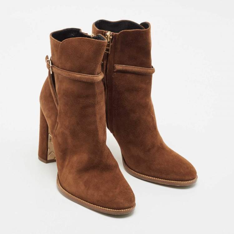 Pre Owned Burberry Brown Suede Block Heel Ankle Length Boots Size 39