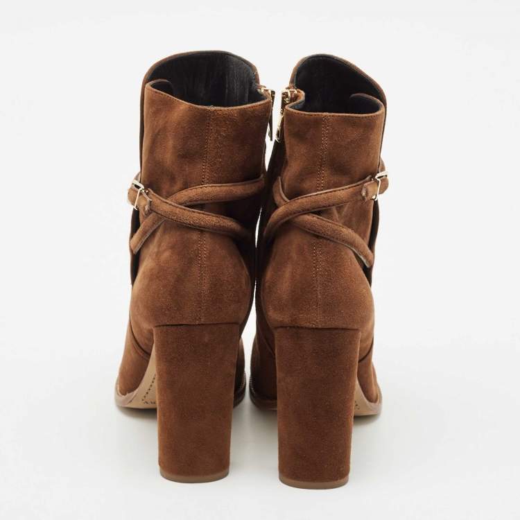 Pre Owned Burberry Brown Suede Block Heel Ankle Length Boots Size 39