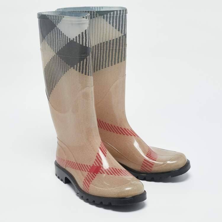 Pre Owned Burberry Beige House Check Rubber Rain Boots Size 39