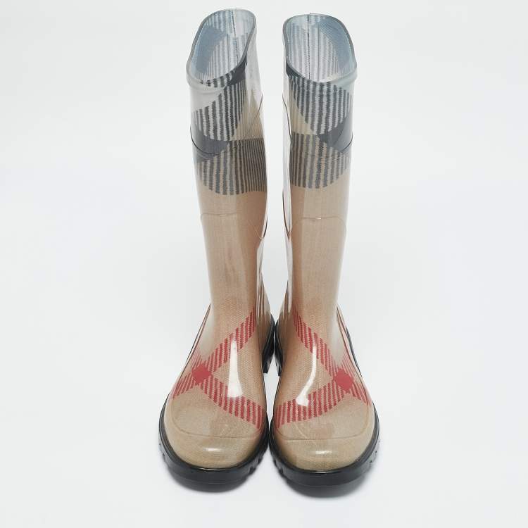 Pre Owned Burberry Beige House Check Rubber Rain Boots Size 39