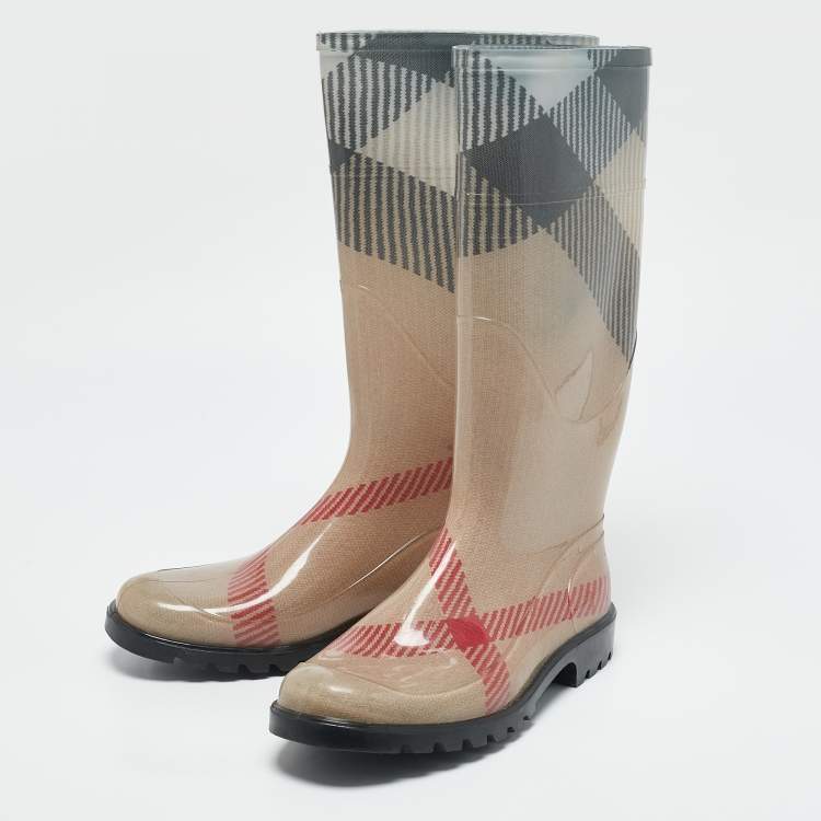 Pre Owned Burberry Beige House Check Rubber Rain Boots Size 39