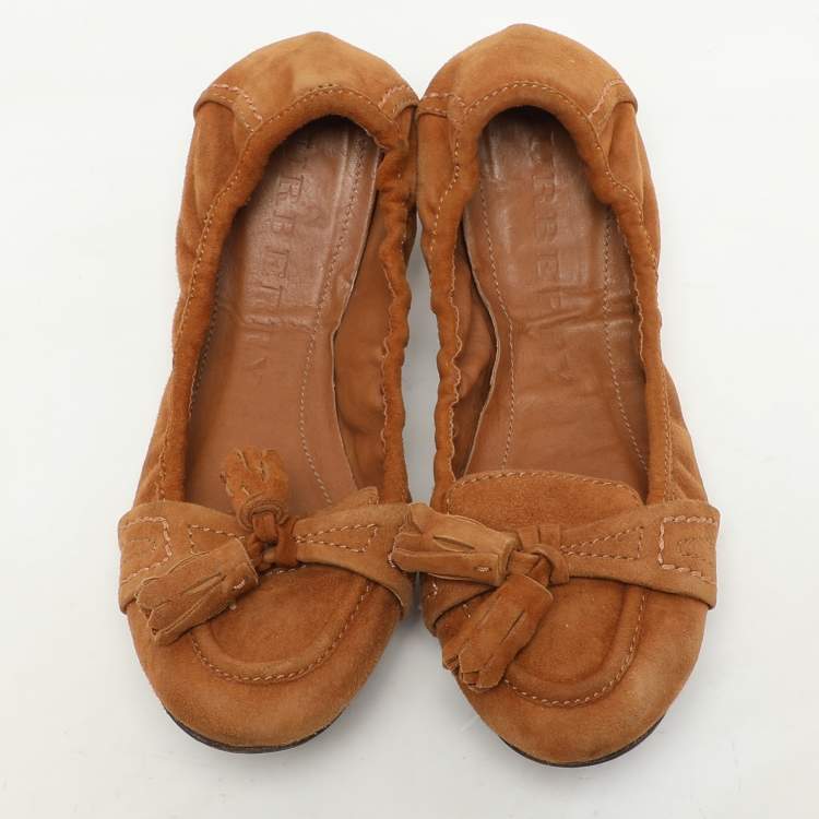 Pre Owned Burberry Brown Suede Scrunch Ballet Flats Size 40