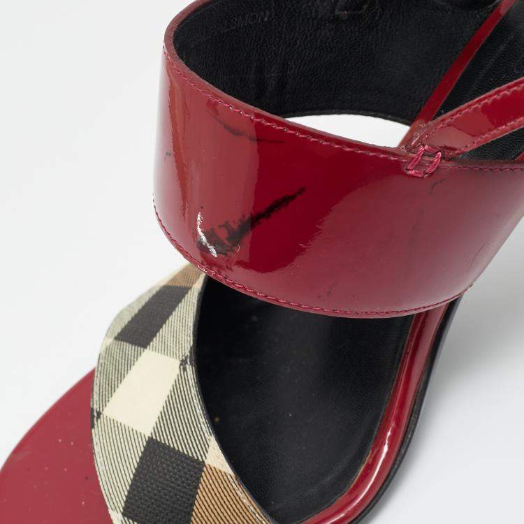 Pre Owned Burberry Burgundy/Beige Patent Leather and Check PVC Slingback Sandals Size 38