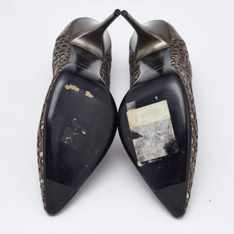 Pre Owned Burberry Metallic Grey Laser Cut Leather And Nova Check Pointed Toe Pumps Size 38