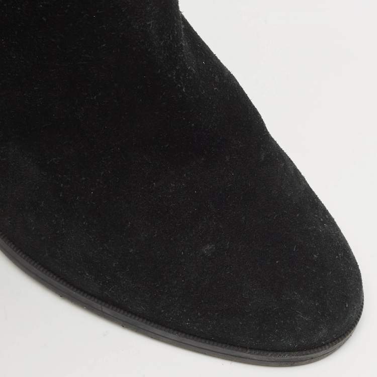 Pre Owned Burberry Black/Beige House Check Canvas and Leather Ankle Length Boots Size 38.5