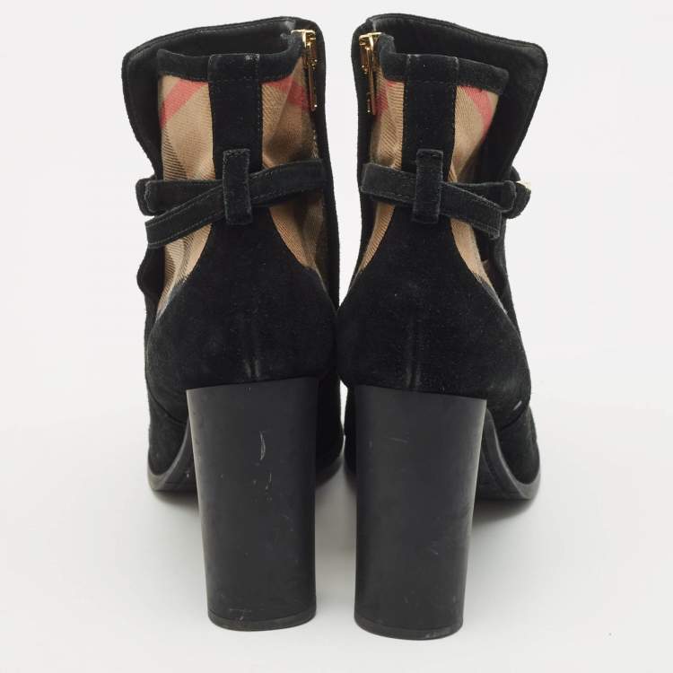 Pre Owned Burberry Black/Beige House Check Canvas and Leather Ankle Length Boots Size 38.5