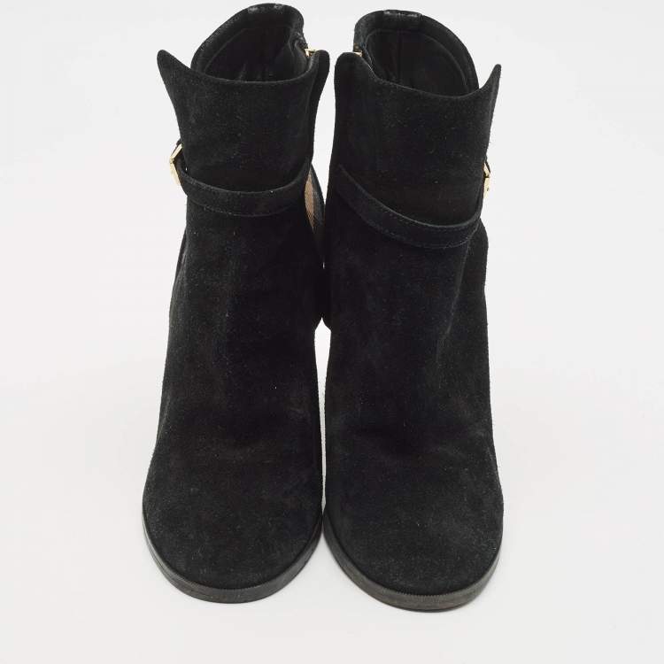 Pre Owned Burberry Black/Beige House Check Canvas and Leather Ankle Length Boots Size 38.5