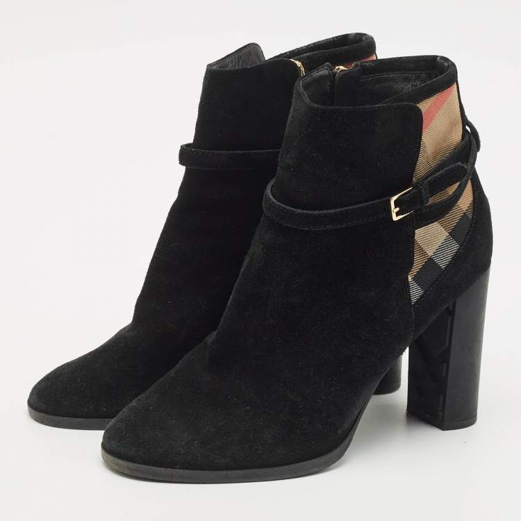 Pre Owned Burberry Black/Beige House Check Canvas and Leather Ankle Length Boots Size 38.5