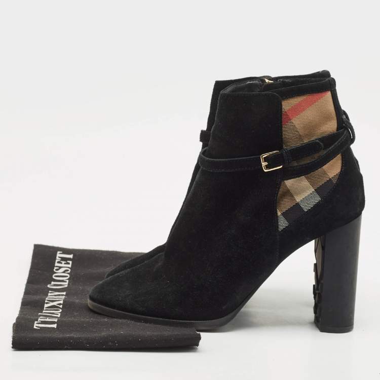 Pre Owned Burberry Black/Beige House Check Canvas and Leather Ankle Length Boots Size 38.5