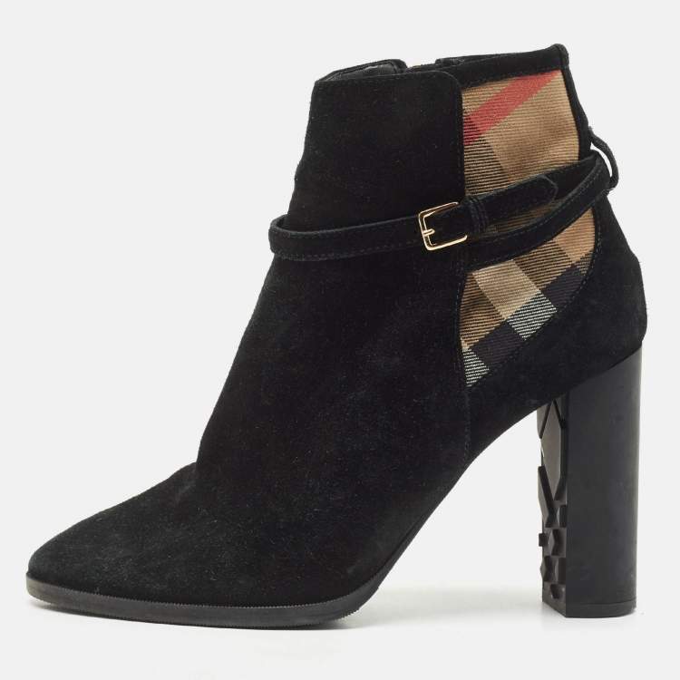 Pre Owned Burberry Black/Beige House Check Canvas and Leather Ankle Length Boots Size 38.5