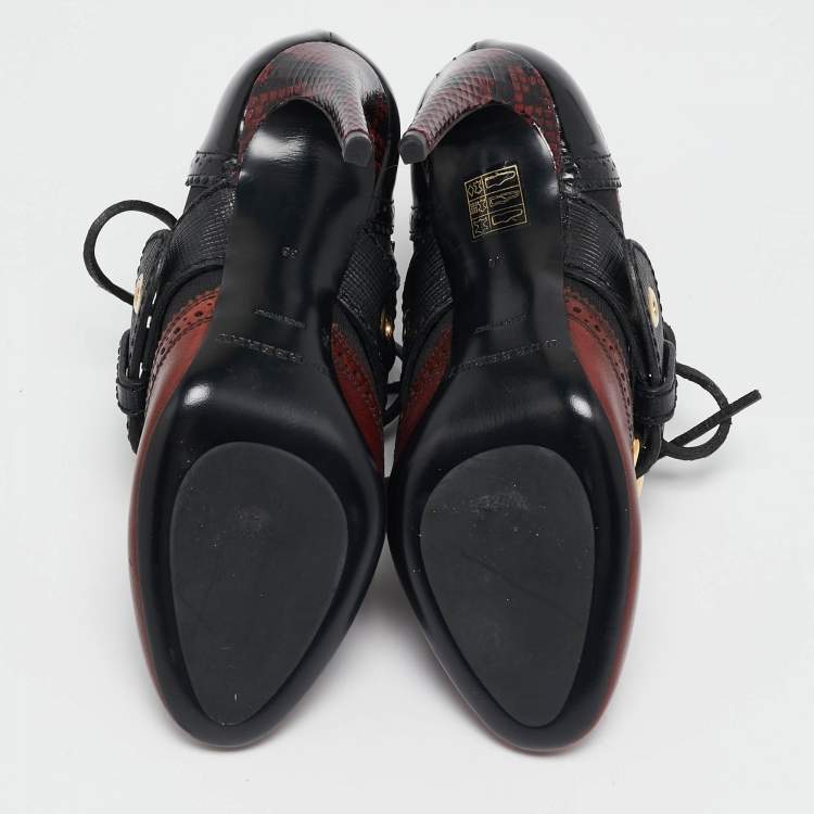 Pre Owned Burberry Black/Burgundy  Leather and Python Westmarsh Ankle Length Boots Size 36