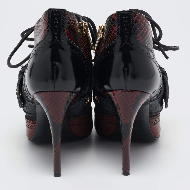 Pre Owned Burberry Black/Burgundy  Leather and Python Westmarsh Ankle Length Boots Size 36